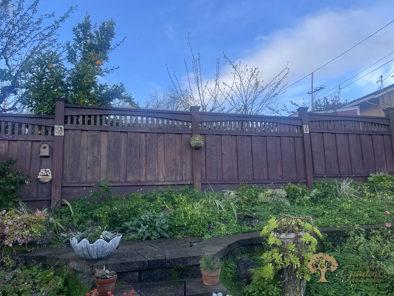A custom dark-stained wood fence with an arched lattice top rail and capped posts standing behind lush garden planting and a stone retaining wall, by American Gardens Landscaping
