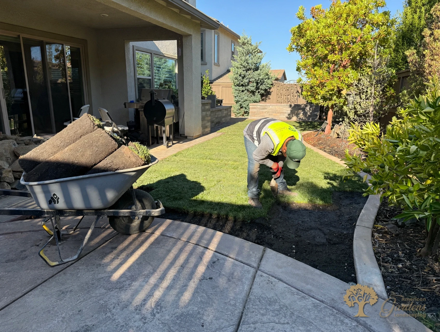 An American Gardens Landscaping crew member unrolling fresh sod beside a wheelbarrow of sod rolls during the lawn installation in a Serrano backyard in El Dorado Hills.