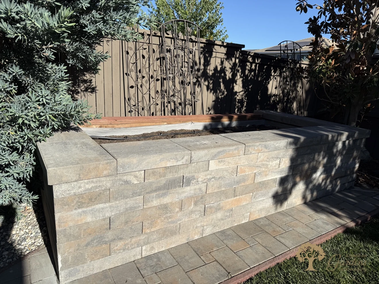 Finished block raised bed with wide capstones and a paver border along the new lawn in a Serrano backyard in El Dorado Hills, by American Gardens Landscaping.