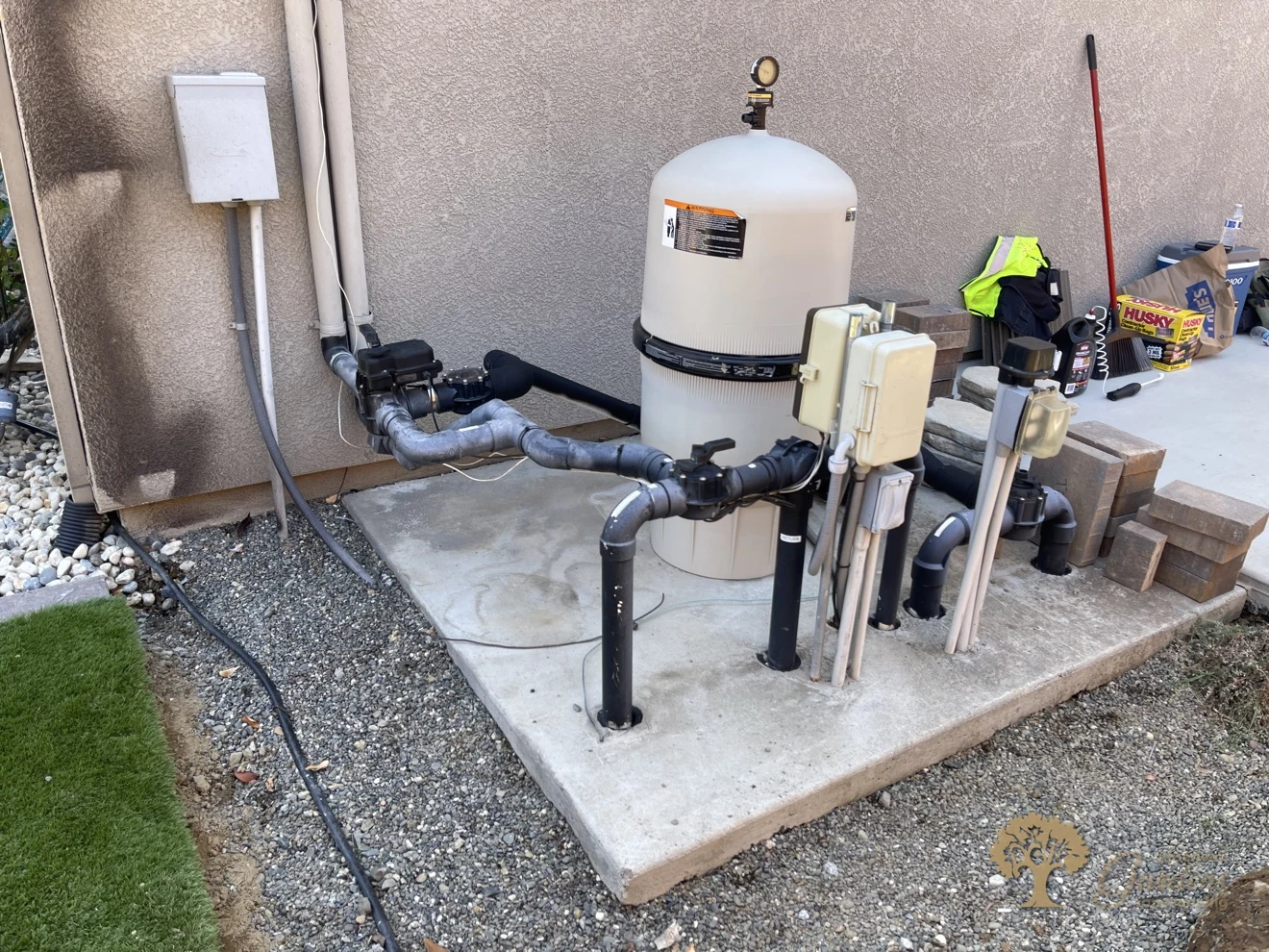 Pool equipment pad before the redwood enclosure in Rocklin – American Gardens Landscaping