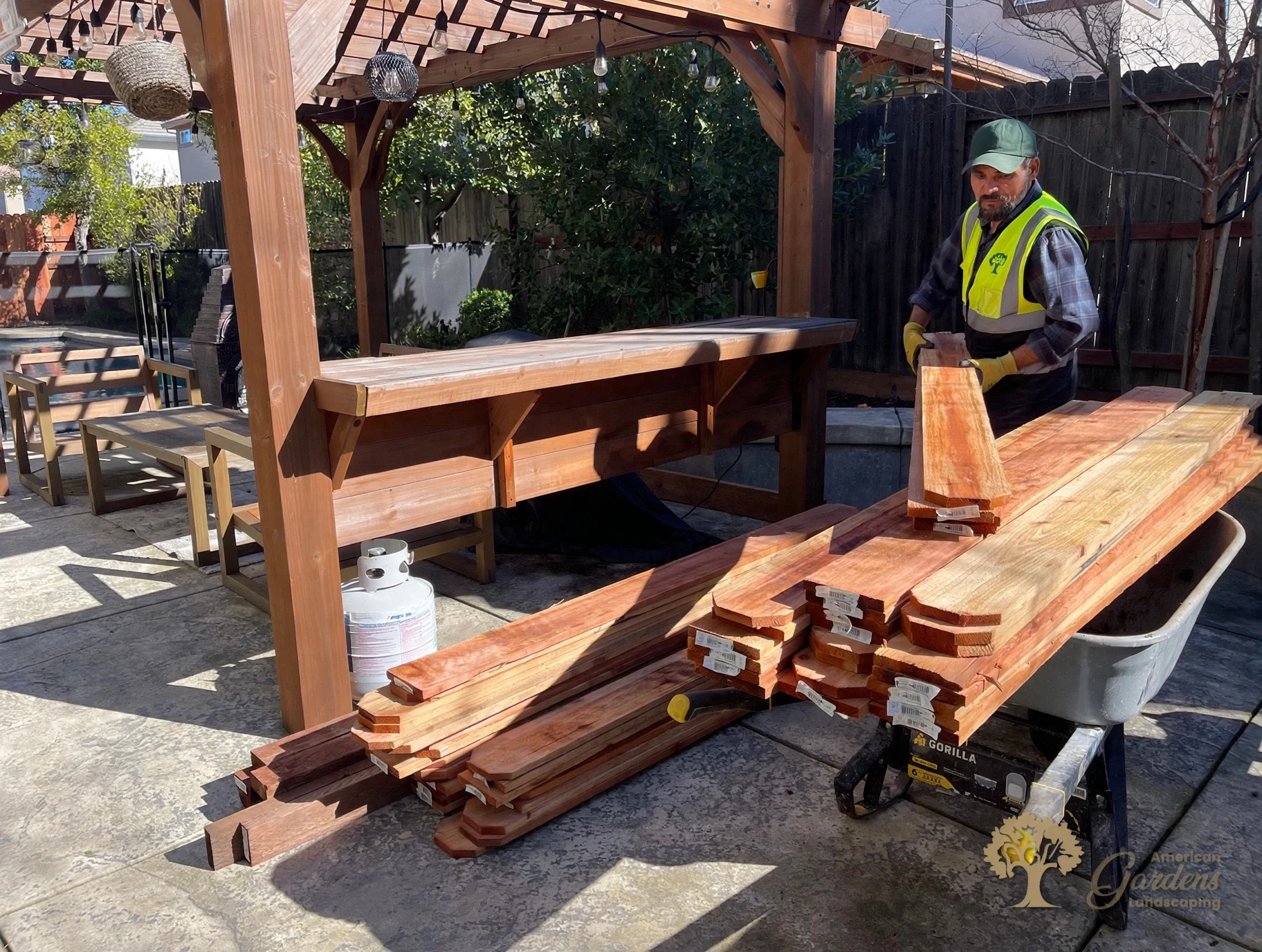 Redwood pickets ready for installation in Folsom – American Gardens Landscaping