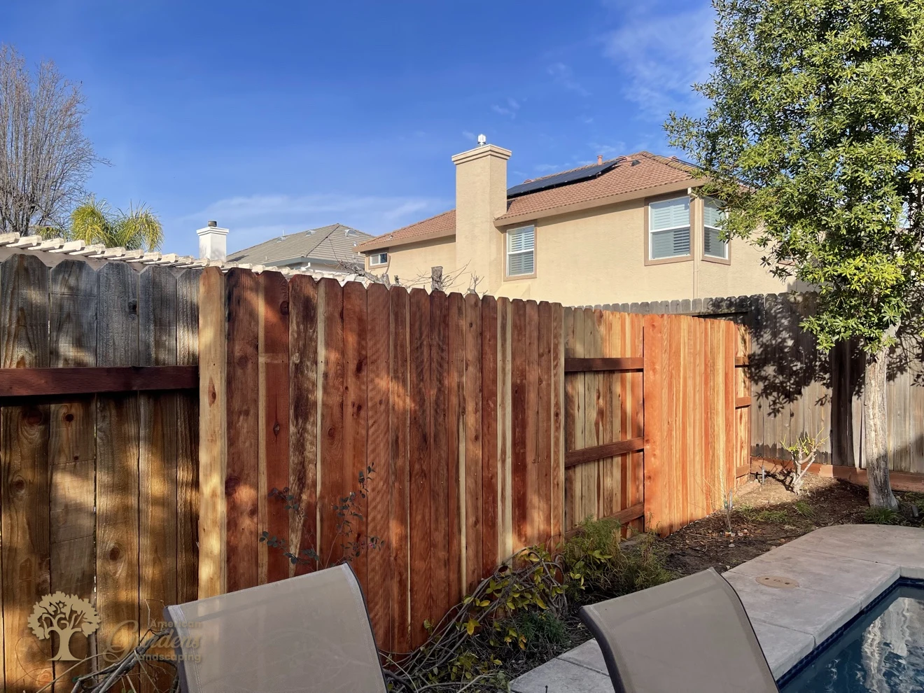 Redwood fence added along the pool for privacy in Folsom – American Gardens Landscaping