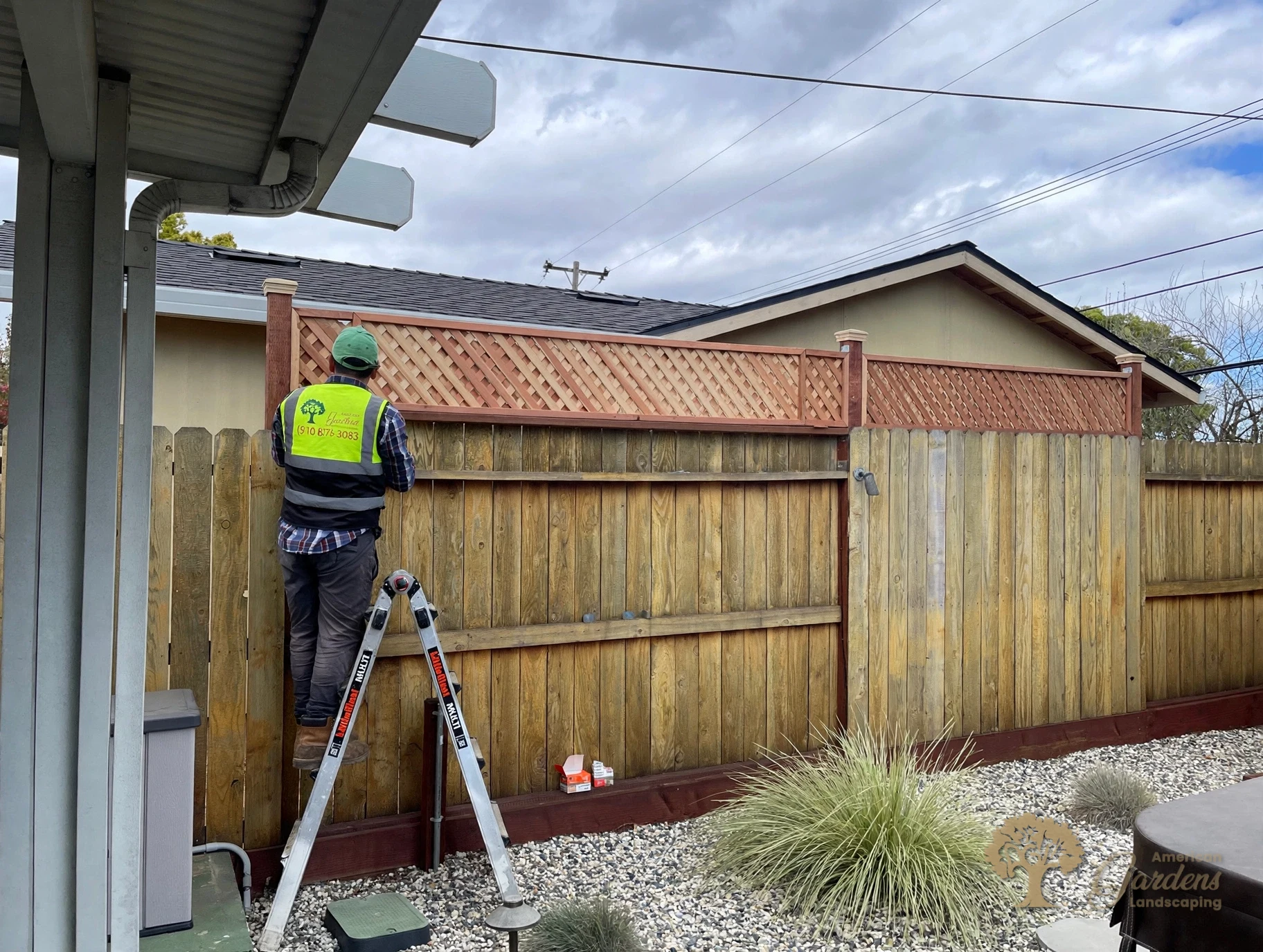 Redwood lattice extension raising the fence line in Rancho Cordova – American Gardens Landscaping