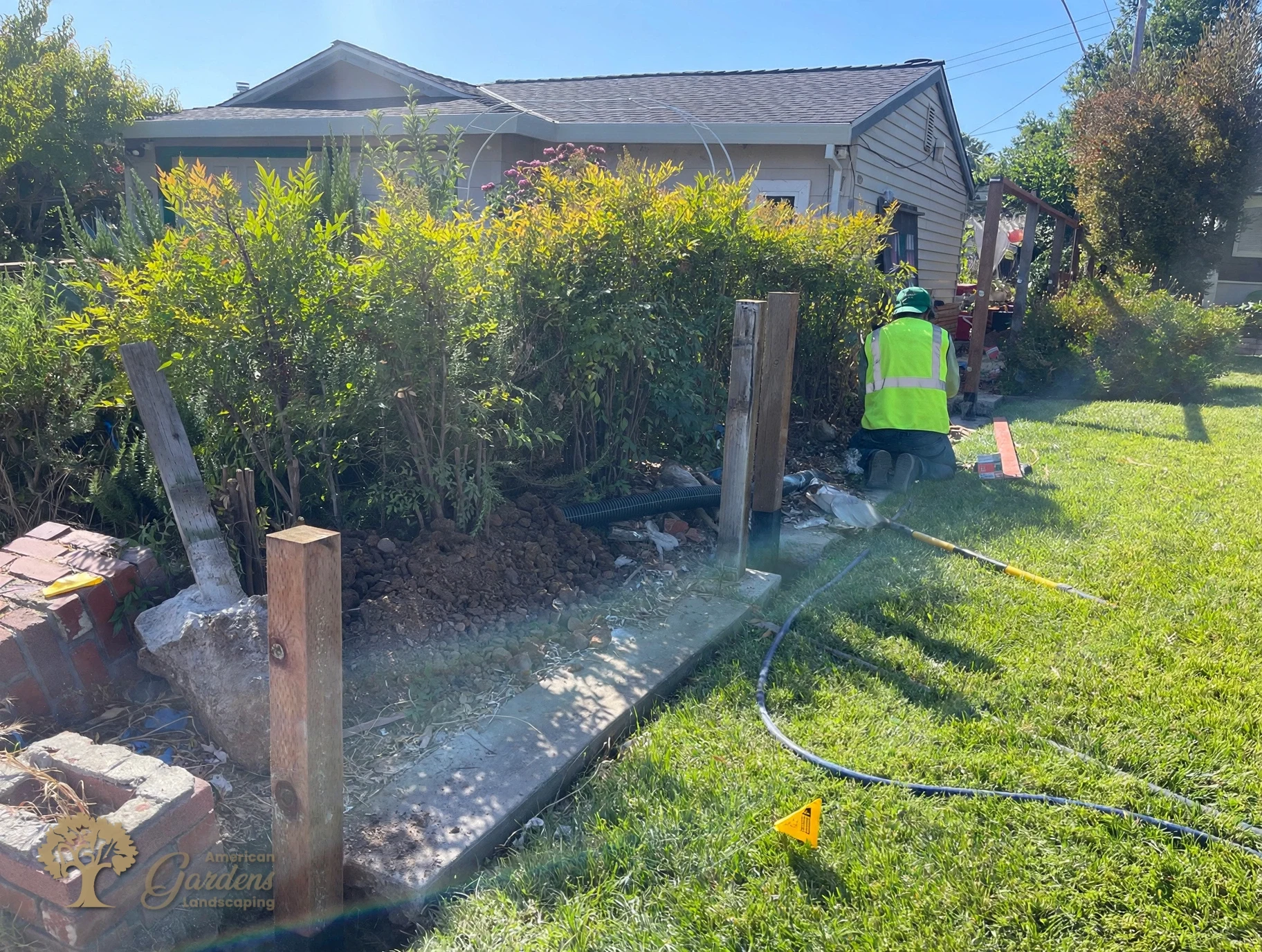 New pressure-treated posts set for the redwood fence in Sacramento – American Gardens Landscaping