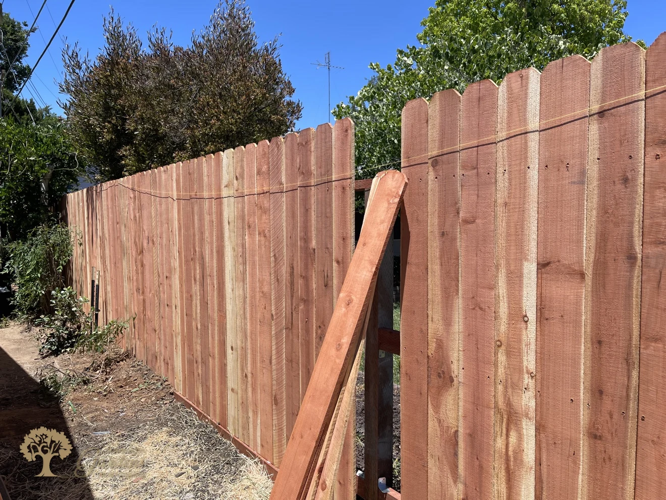Redwood pickets going up on pressure-treated rails in Sacramento – American Gardens Landscaping