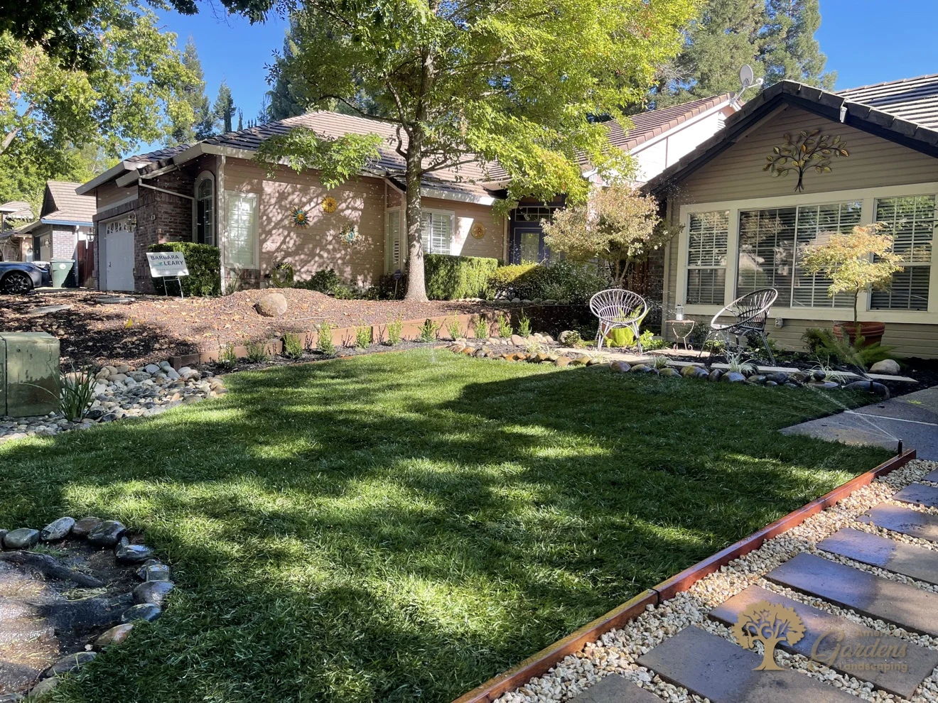 The finished new sod lawn in Folsom with the stepping-stone walkway set in white pebbles, bark-mulch beds and a rock-edged oak tree, by American Gardens Landscaping
