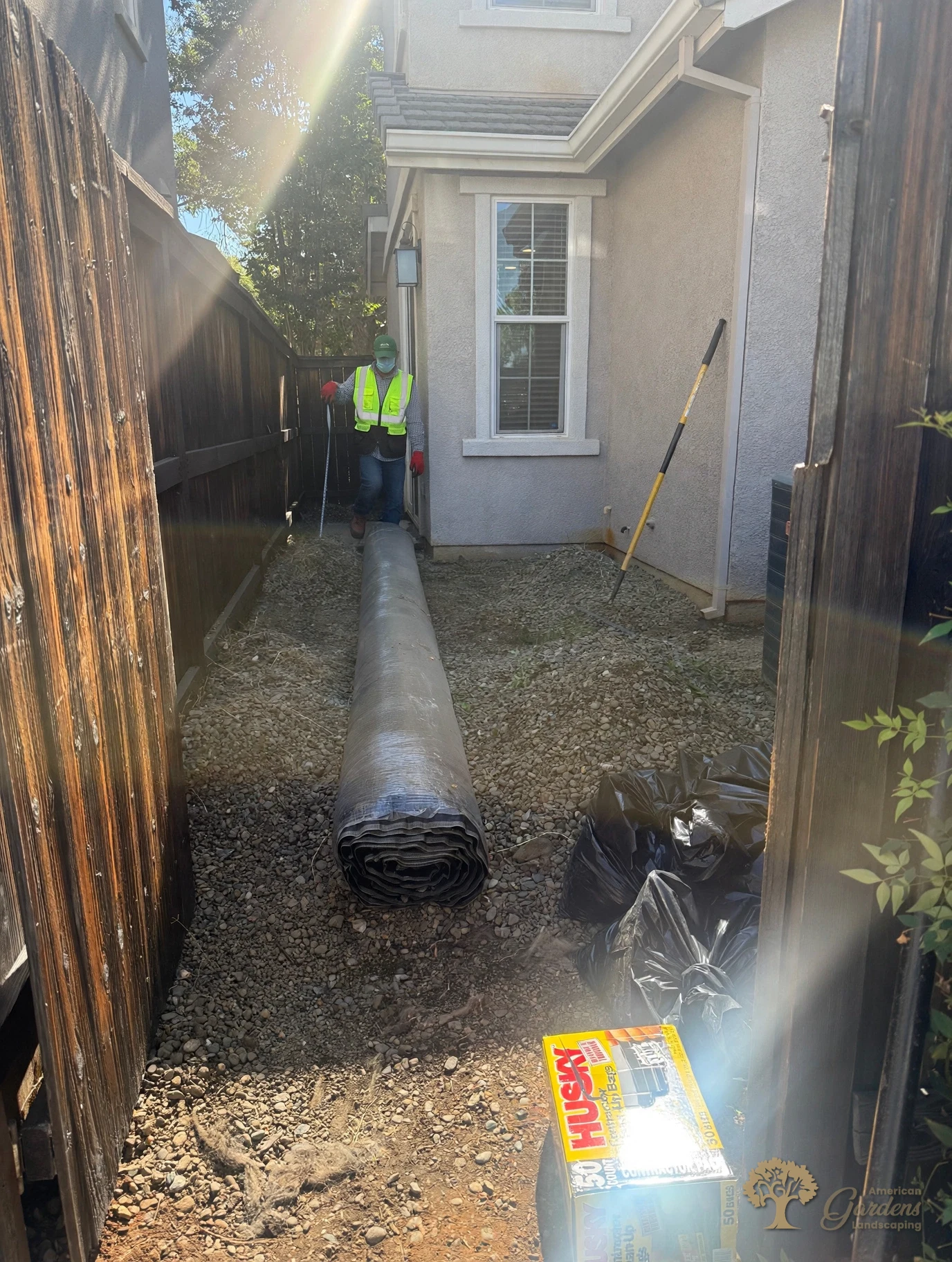 Measuring and prepping the side yard for artificial turf installation in Rocklin – American Gardens Landscaping