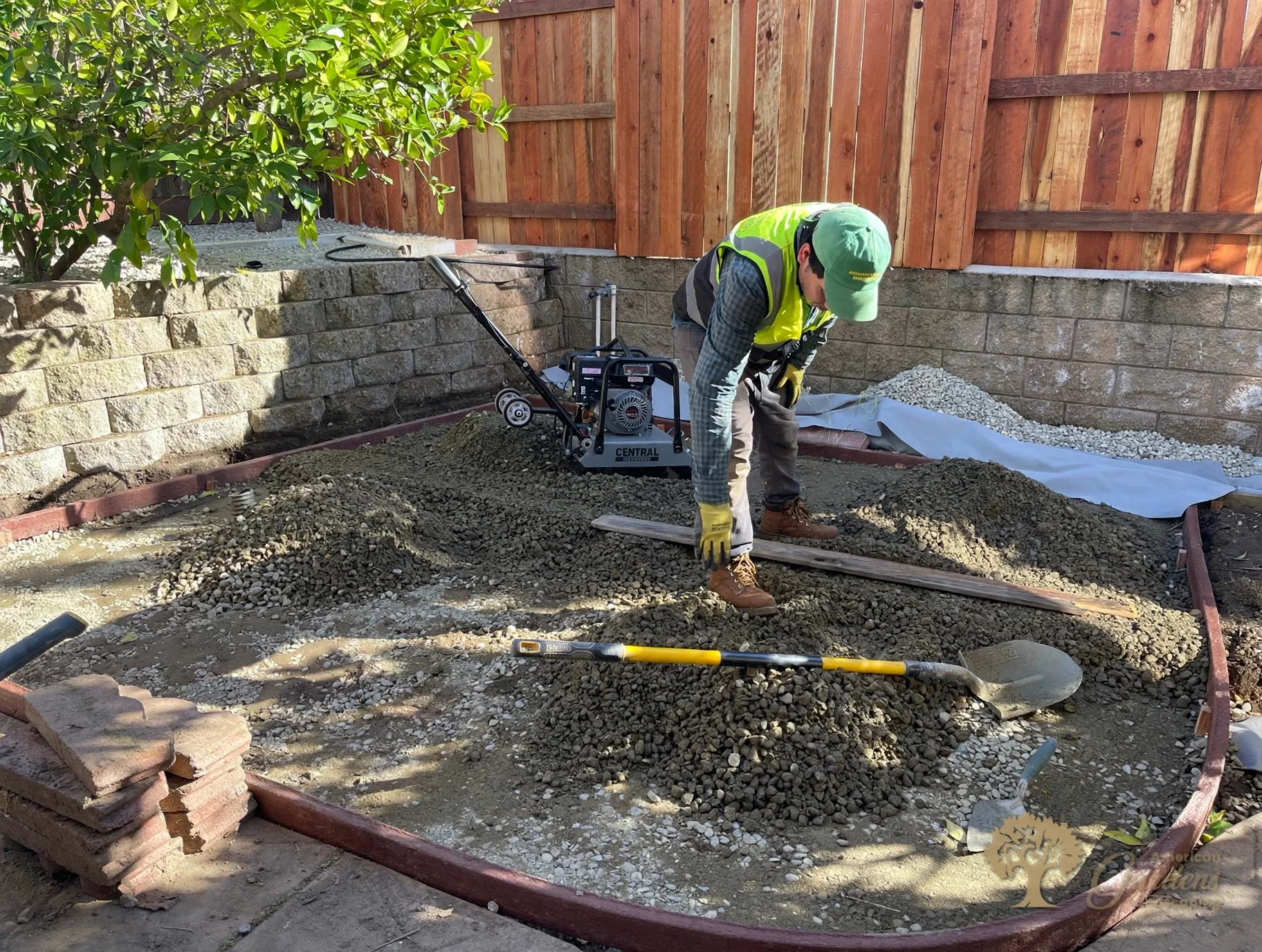 Leveling the compacted base for artificial grass in Folsom – American Gardens Landscaping