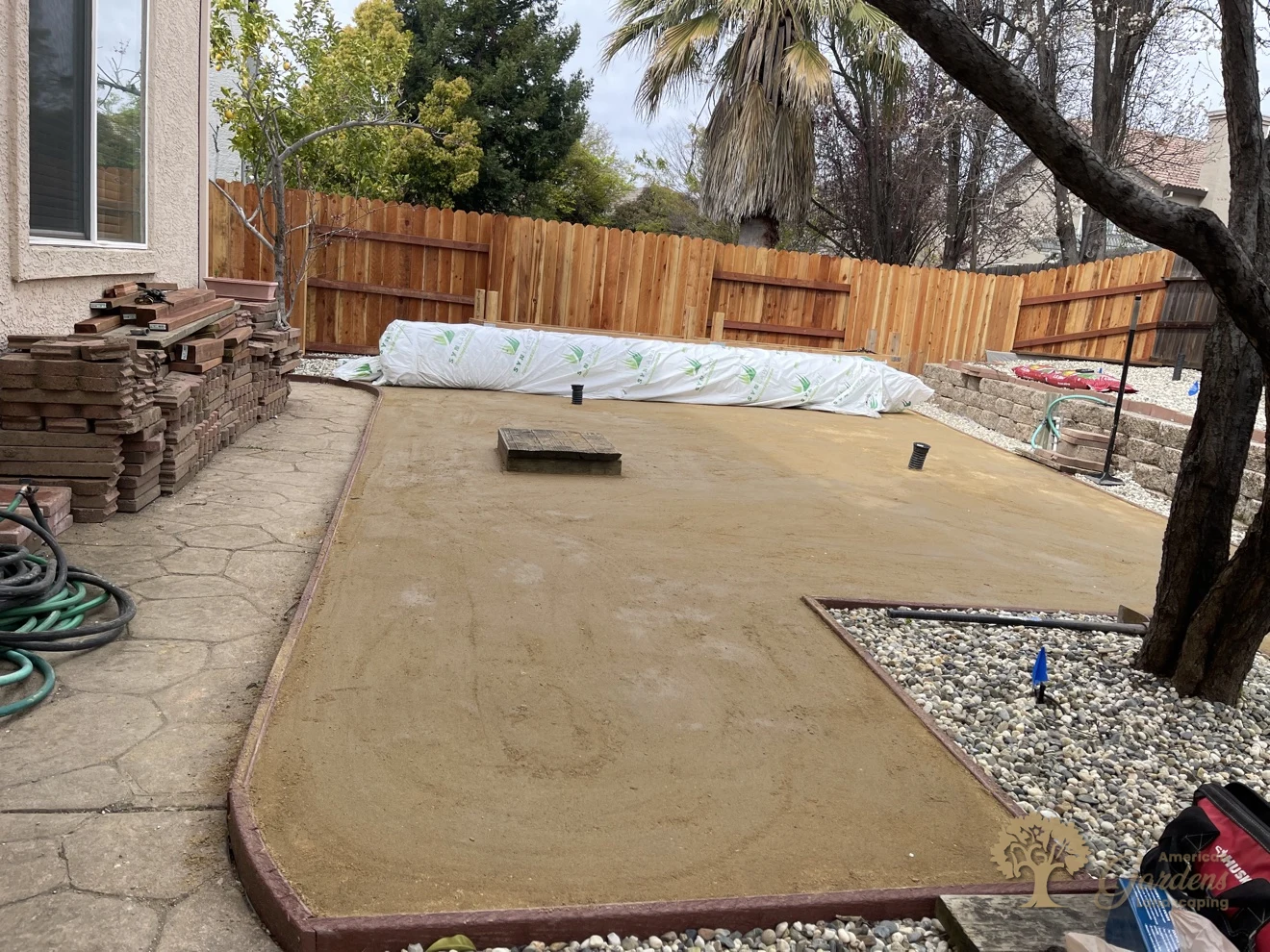 Leveled base ready for the artificial grass roll in Folsom – American Gardens Landscaping