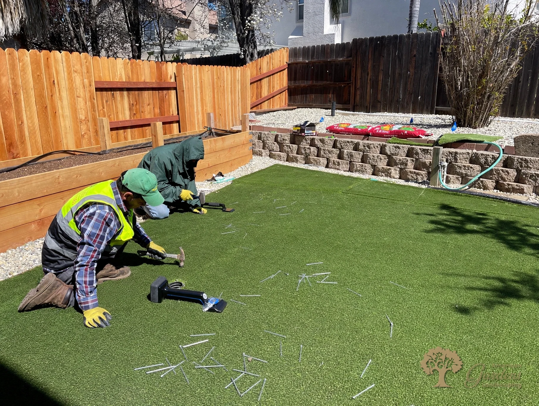 Nailing down the artificial turf edges in Folsom – American Gardens Landscaping
