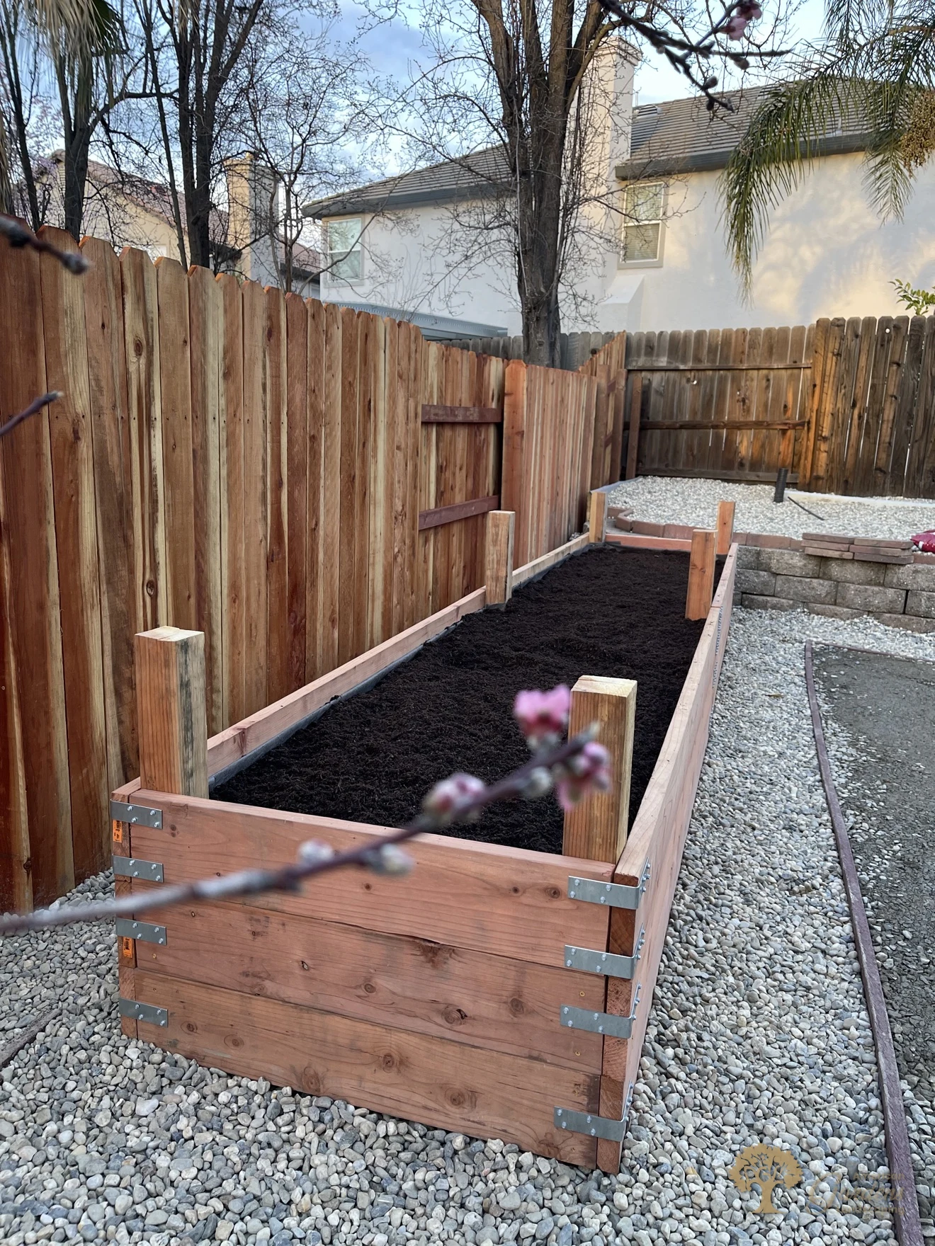 Completed redwood raised vegetable bed beside the new fence in Folsom – American Gardens Landscaping