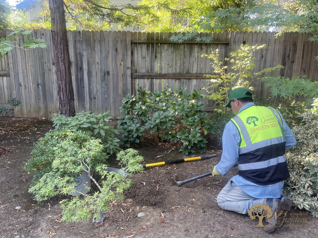 An American Gardens Landscaping crew member kneeling to dig a planting hole by hand in a Gold River backyard bed, the company logo and phone number showing on his hi-vis vest