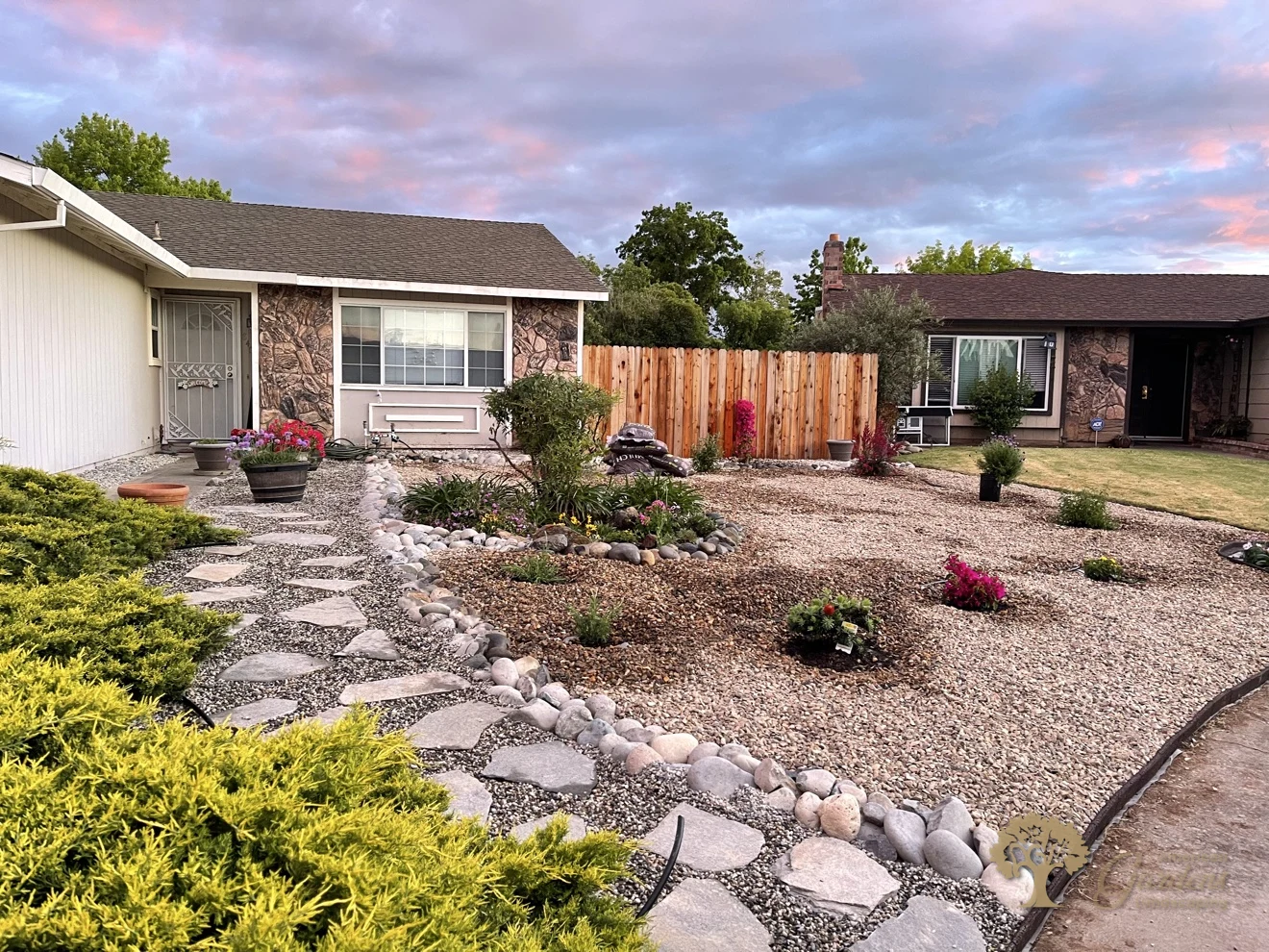 Finished xeriscape front yard at sunset with a pink sky, flagstone path, light gravel and river-rock borders in front of a stone-veneer house, by American Gardens Landscaping in the Sacramento area
