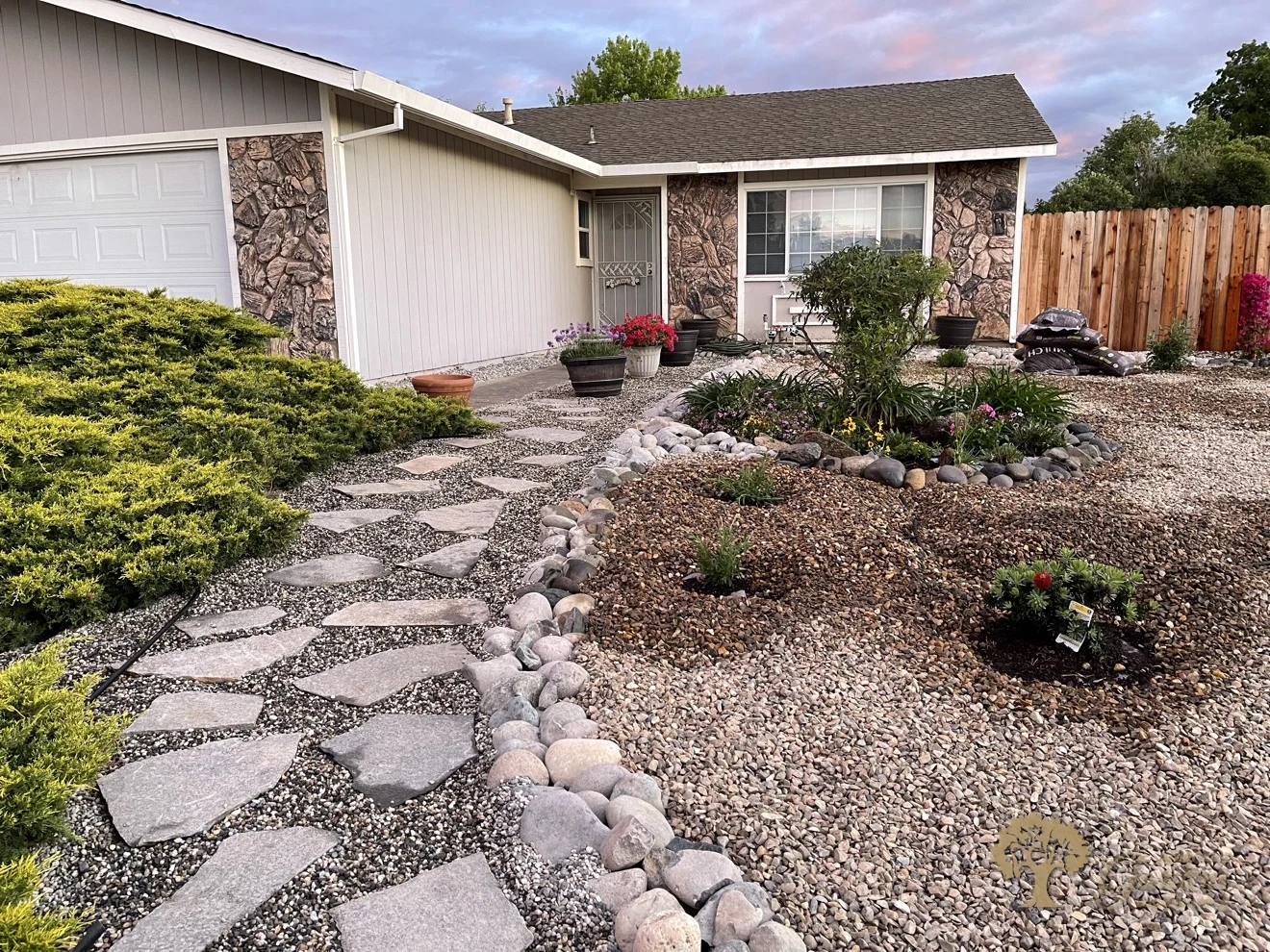 Finished xeriscape front yard at dusk with a flagstone stepping-stone path and river-rock borders through two-tone gravel, by American Gardens Landscaping in the Sacramento area