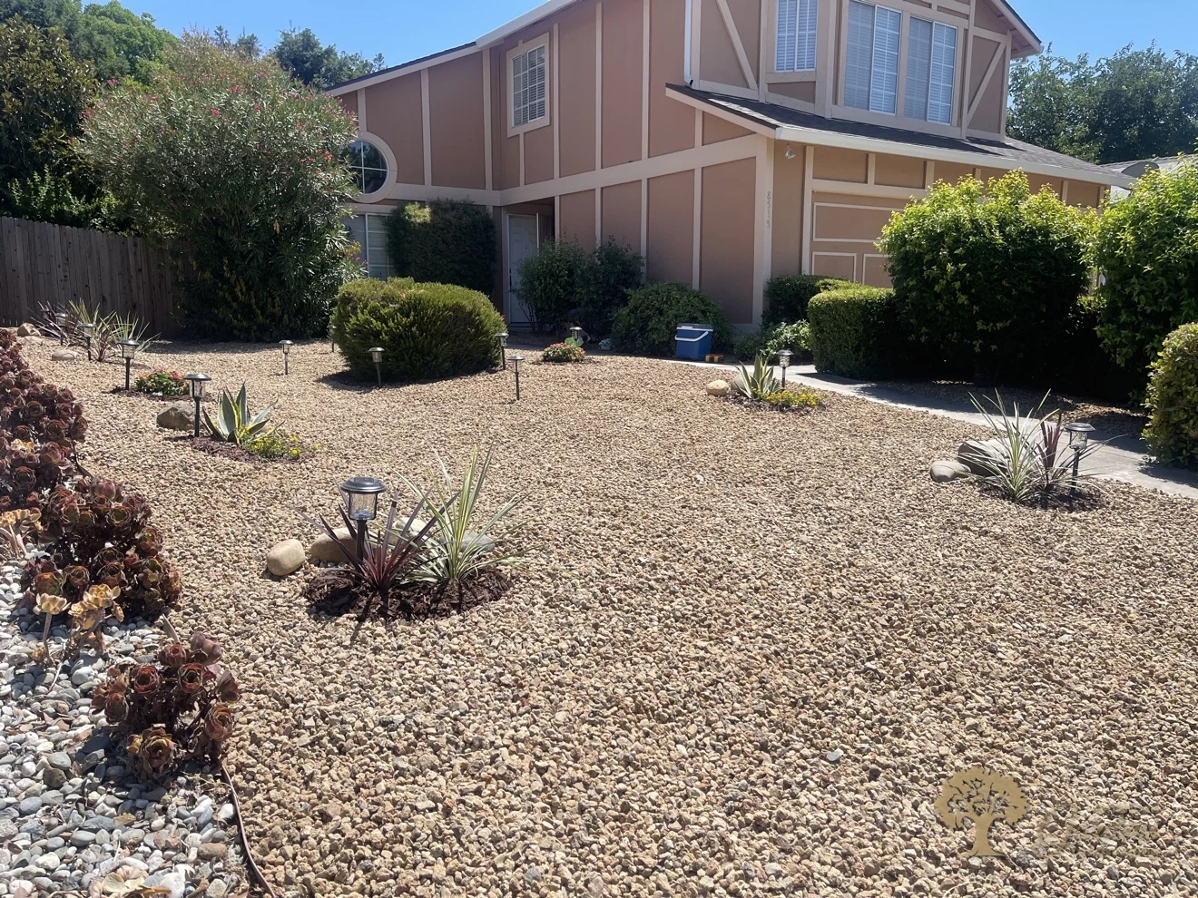 Finished residential xeriscape front yard with decorative gravel, agave plantings, solar path lights and oleander by American Gardens Landscaping