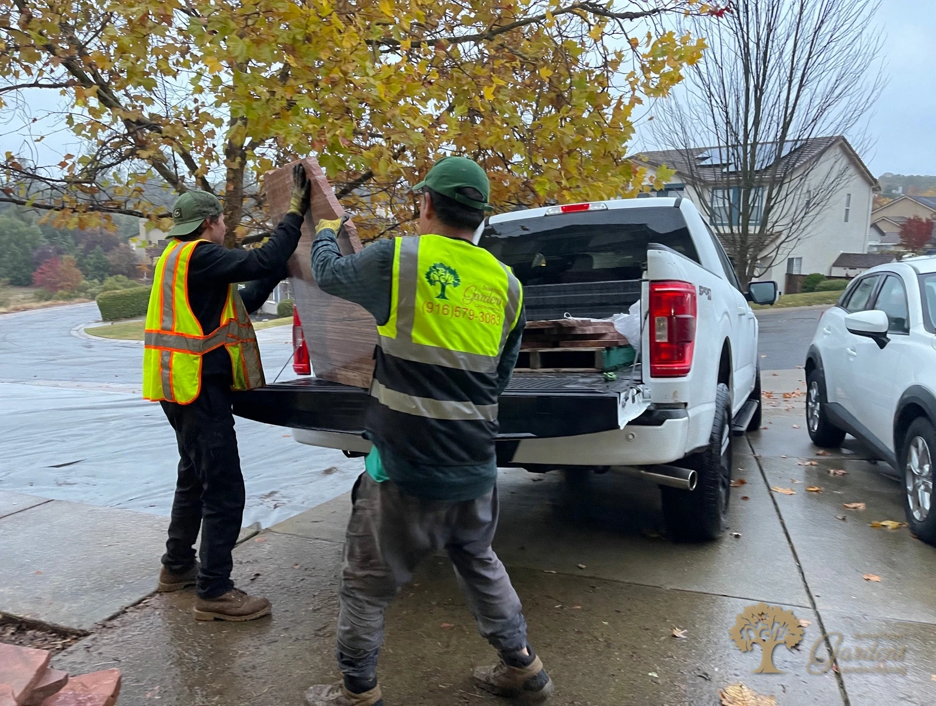 Loading flagstone for the new front walkway in El Dorado Hills – American Gardens Landscaping
