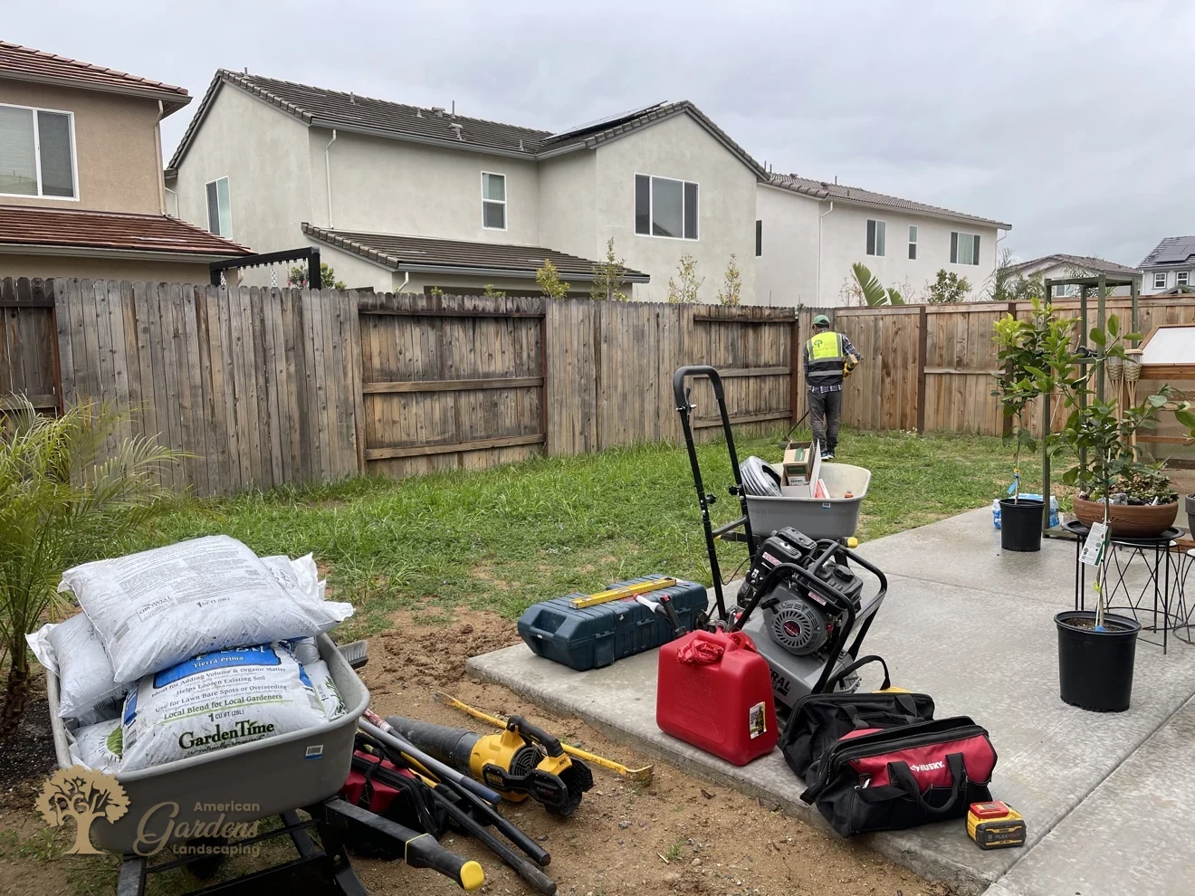 Tools and materials staged for the build in Lincoln – American Gardens Landscaping