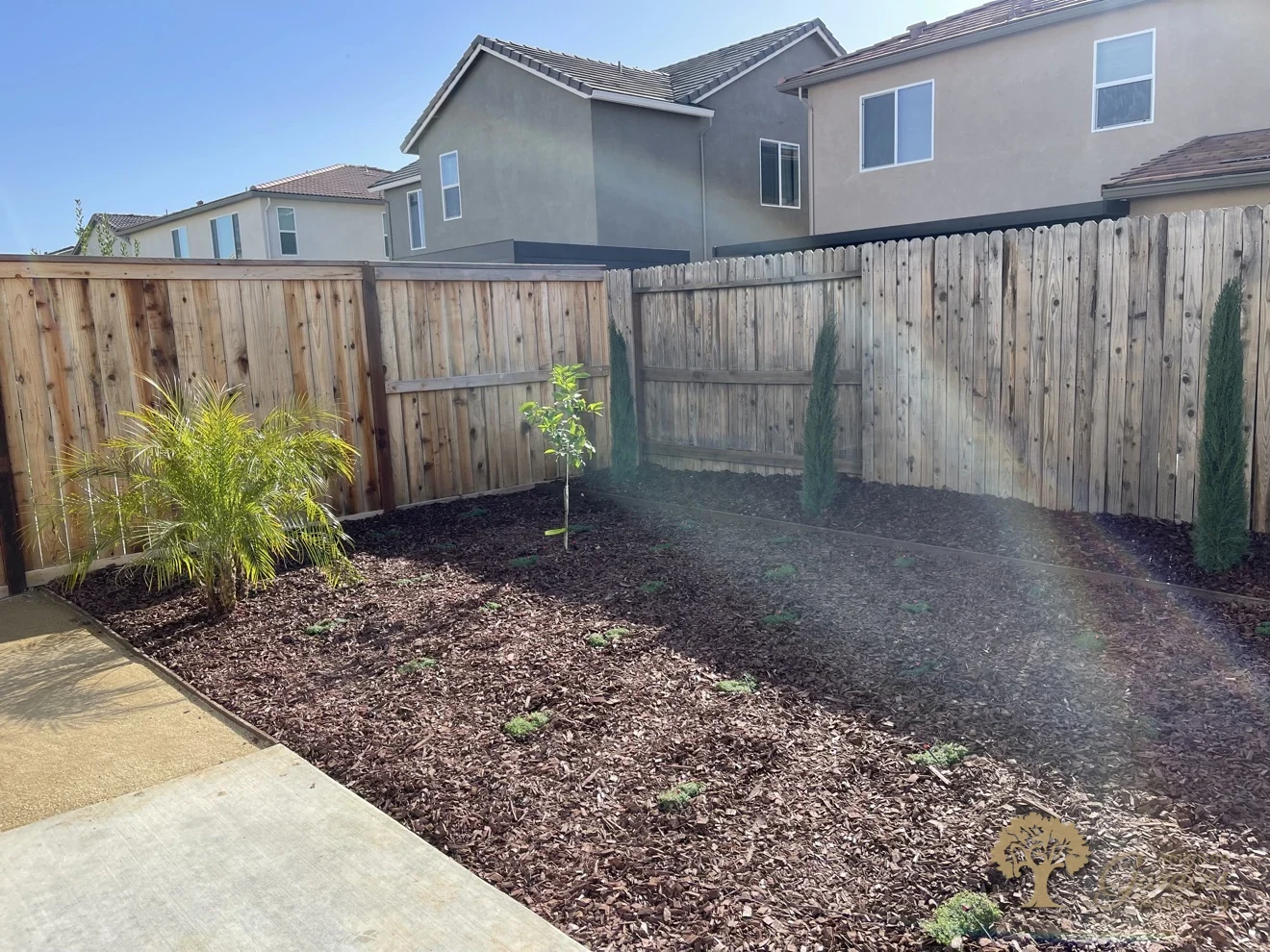 Finished backyard xeriscape with bark and DG pad in Lincoln – American Gardens Landscaping