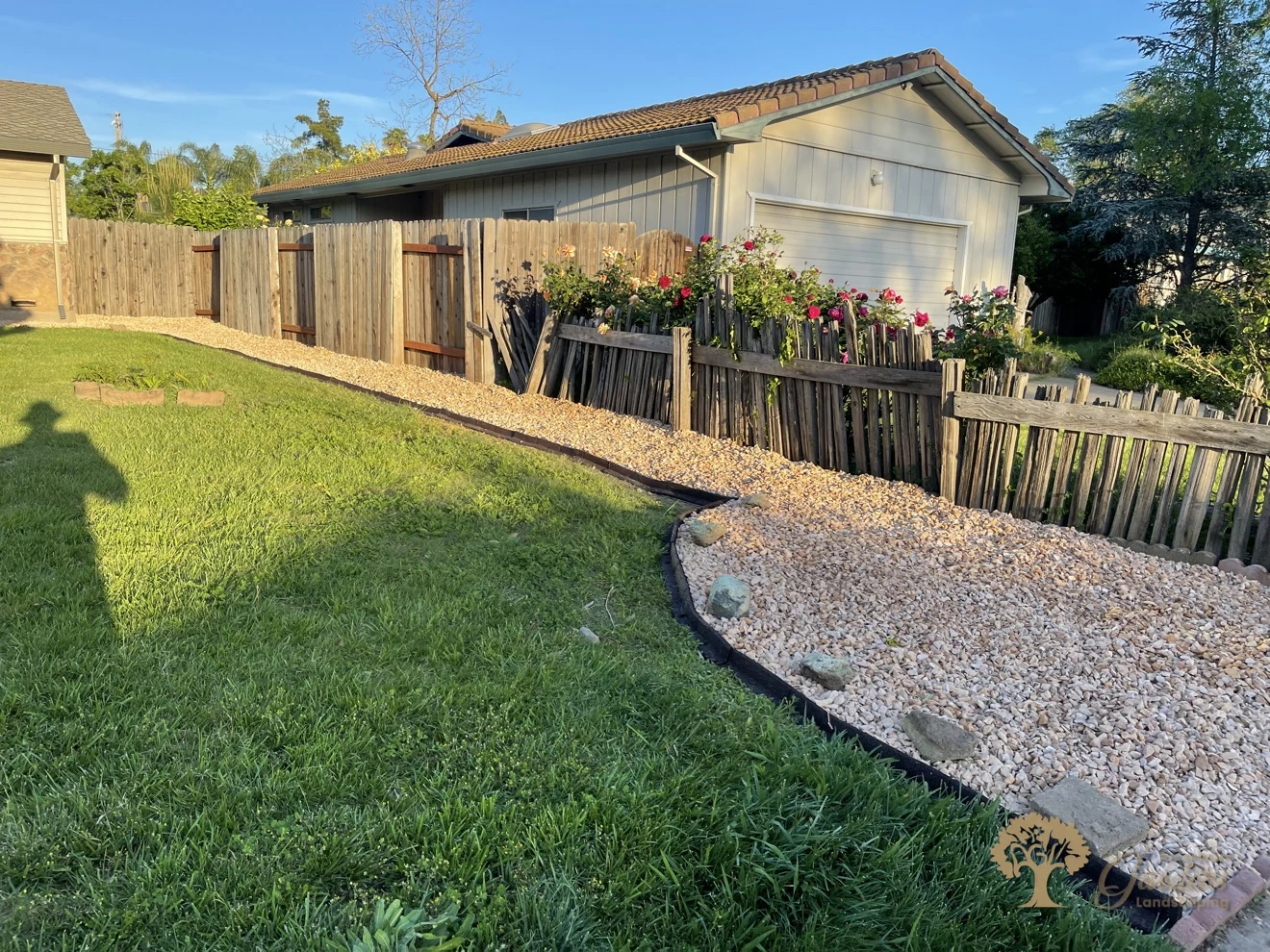 Finished front yard gravel strip along a rustic rose fence in Carmichael